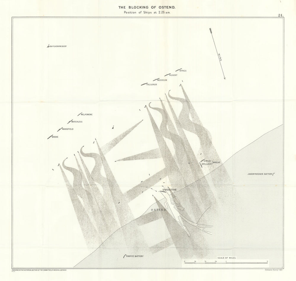 2nd Ostend Naval Raid 9-10 May 1918 Position at 2.25am. First World War 1931 map