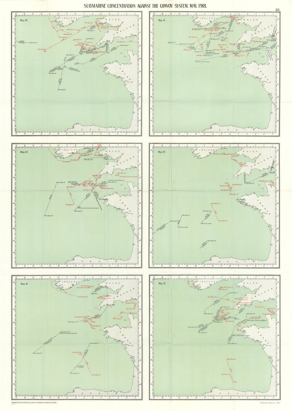 Anti convoy German submarine concentration 10-15 May 1918 Atlantic WW1 1931 map
