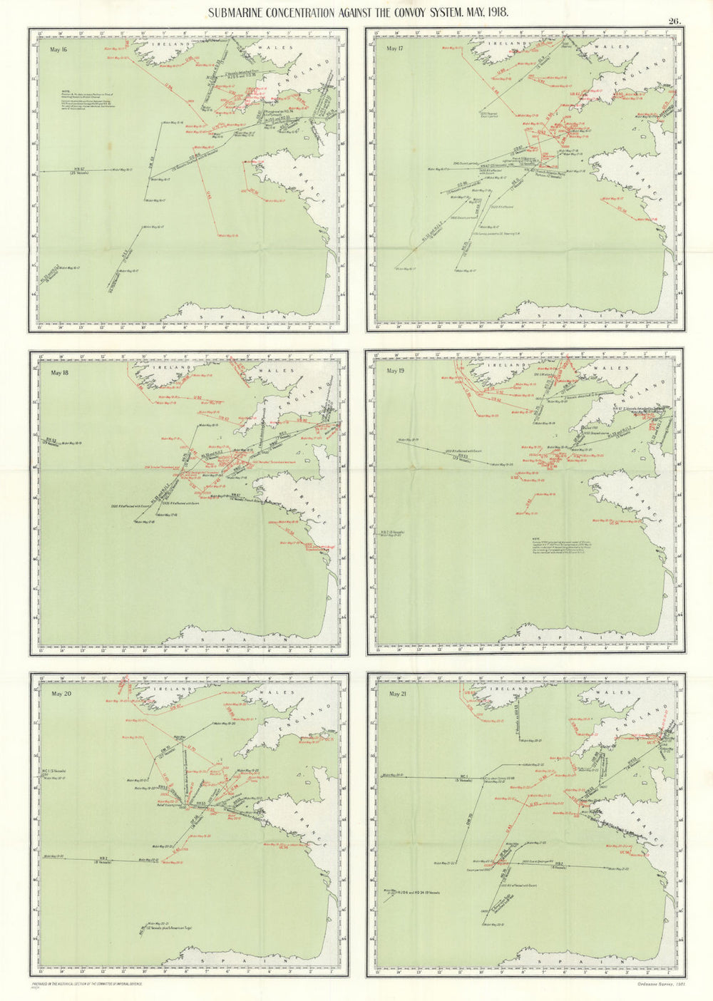 Anti convoy German submarine concentration 16-21 May 1918 Atlantic WW1 1931 map