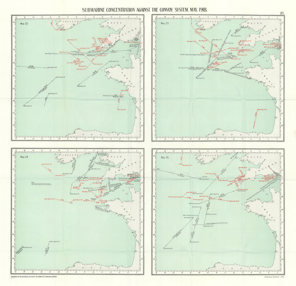 Anti convoy German submarine concentration 22-25 May 1918 Atlantic WW1 1931 map