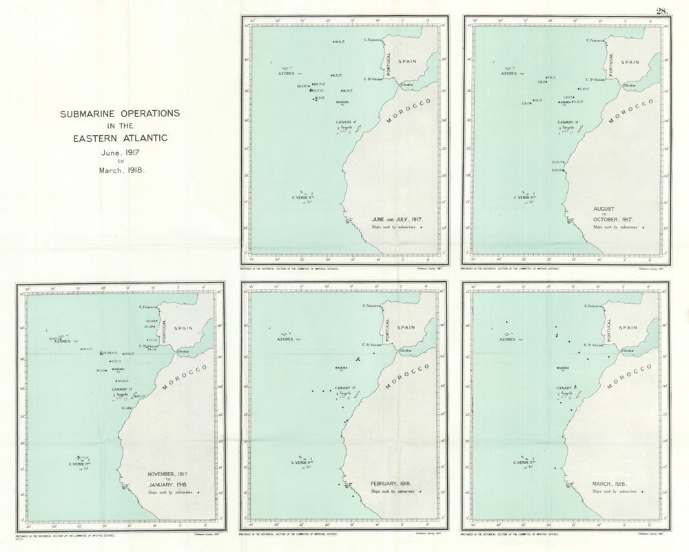 German Eastern Atlantic Submarine operations June 1917-March 1918. WW1 1931 map