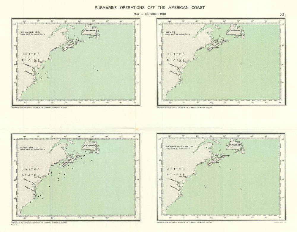 German Submarine operations off the American coast May-Oct 1918 USA WW1 1931 map