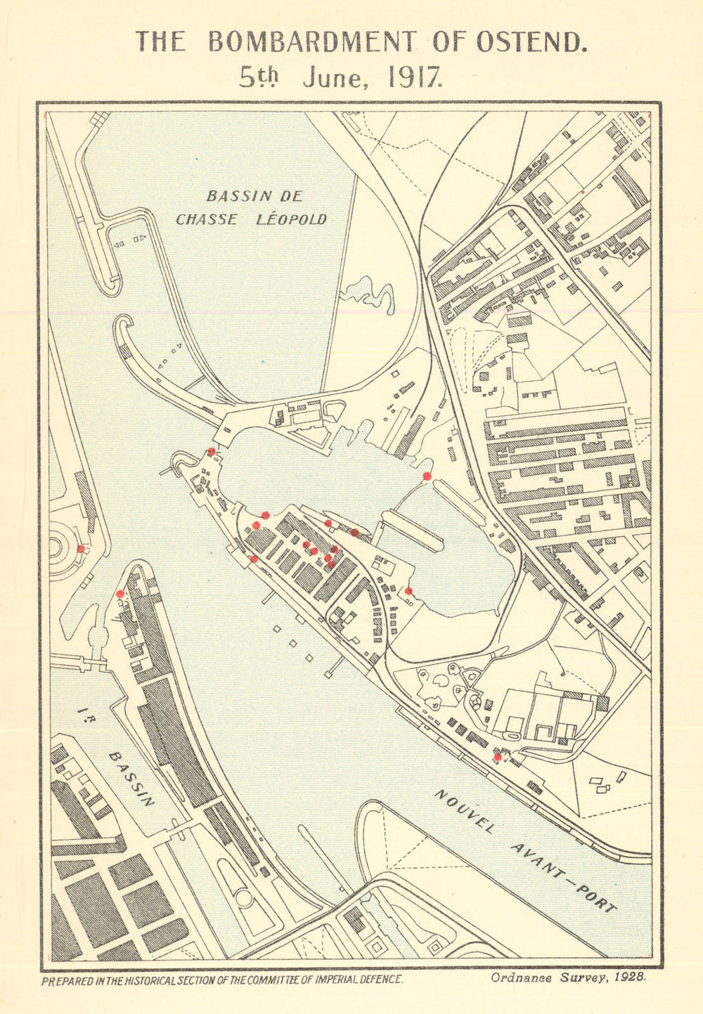 Royal Navy bombardment of Ostend, 5 June 1917. Belgium. First World War 1931 map