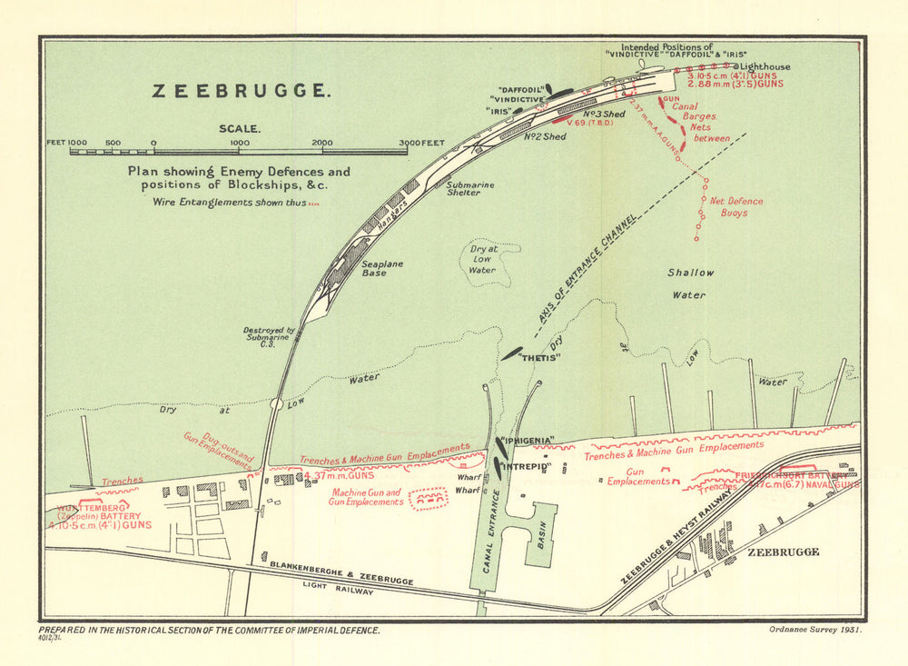 Zeebrugge Raid 23rd April 1918. Belgium. First World War 1931 old vintage map