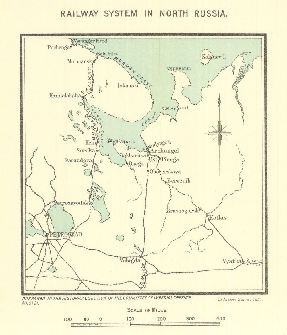 First World War 1918-1919 railway system in North Russia 1931 old vintage map