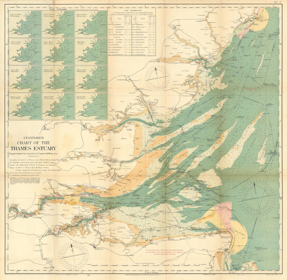 Stanford's chart of the Thames Estuary & London-Gravesend 70x70cm 1924 old map