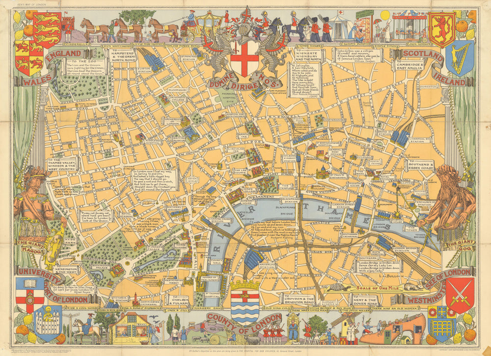 Children's Map of London. Pictorial map by John Bartholomew. 55x76cm 1939