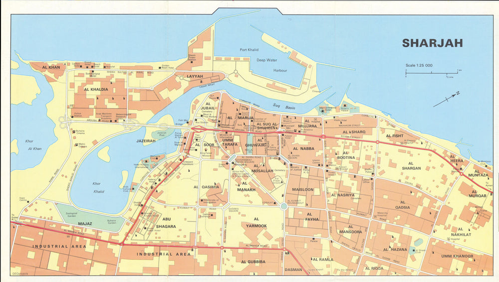 Vintage Sharjah town city plan, United Arab Emirates. UAE. GEOprojects 1995 map