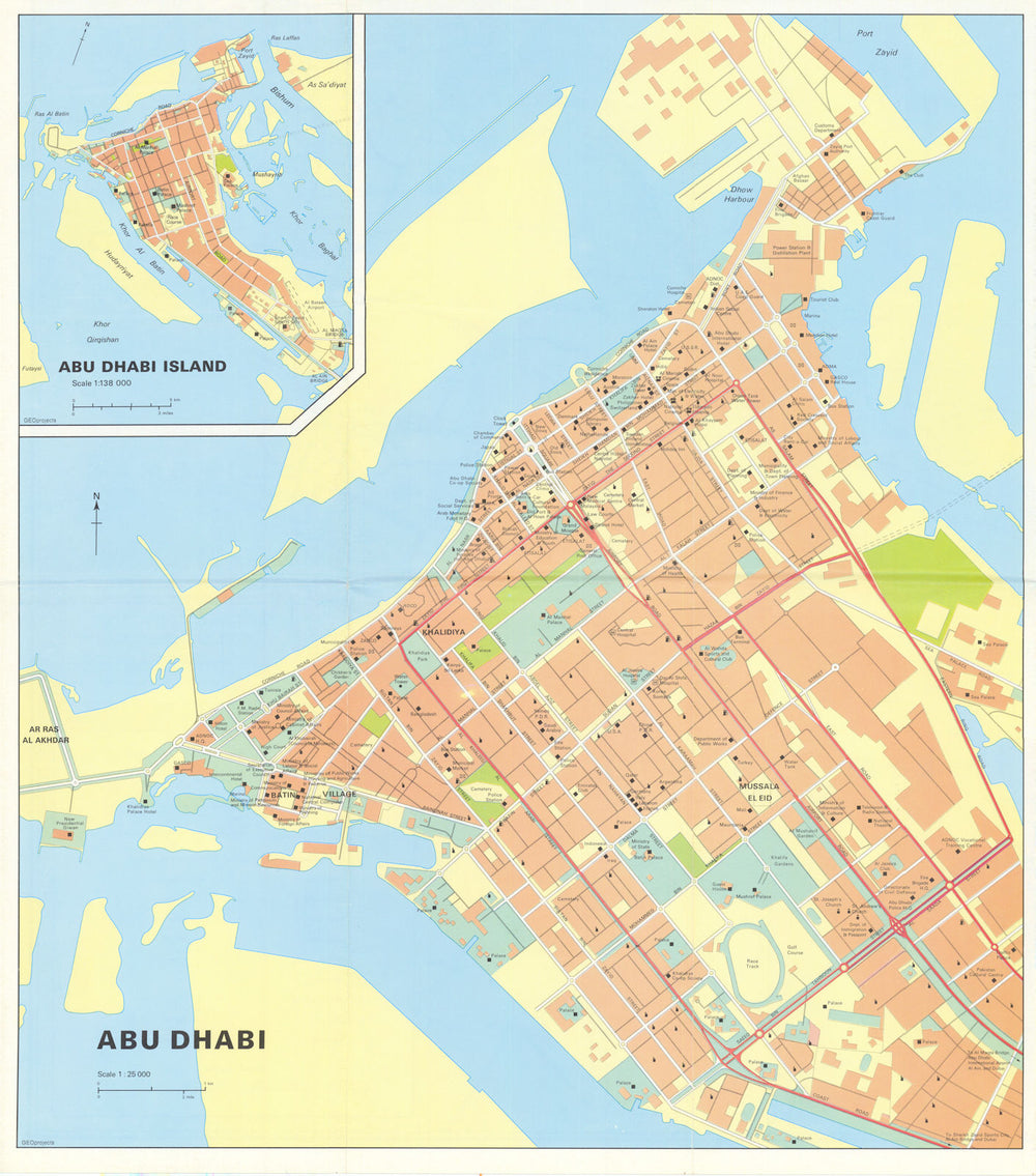 Vintage Abu Dhabi town city plan, United Arab Emirates UAE. GEOprojects 1995 map