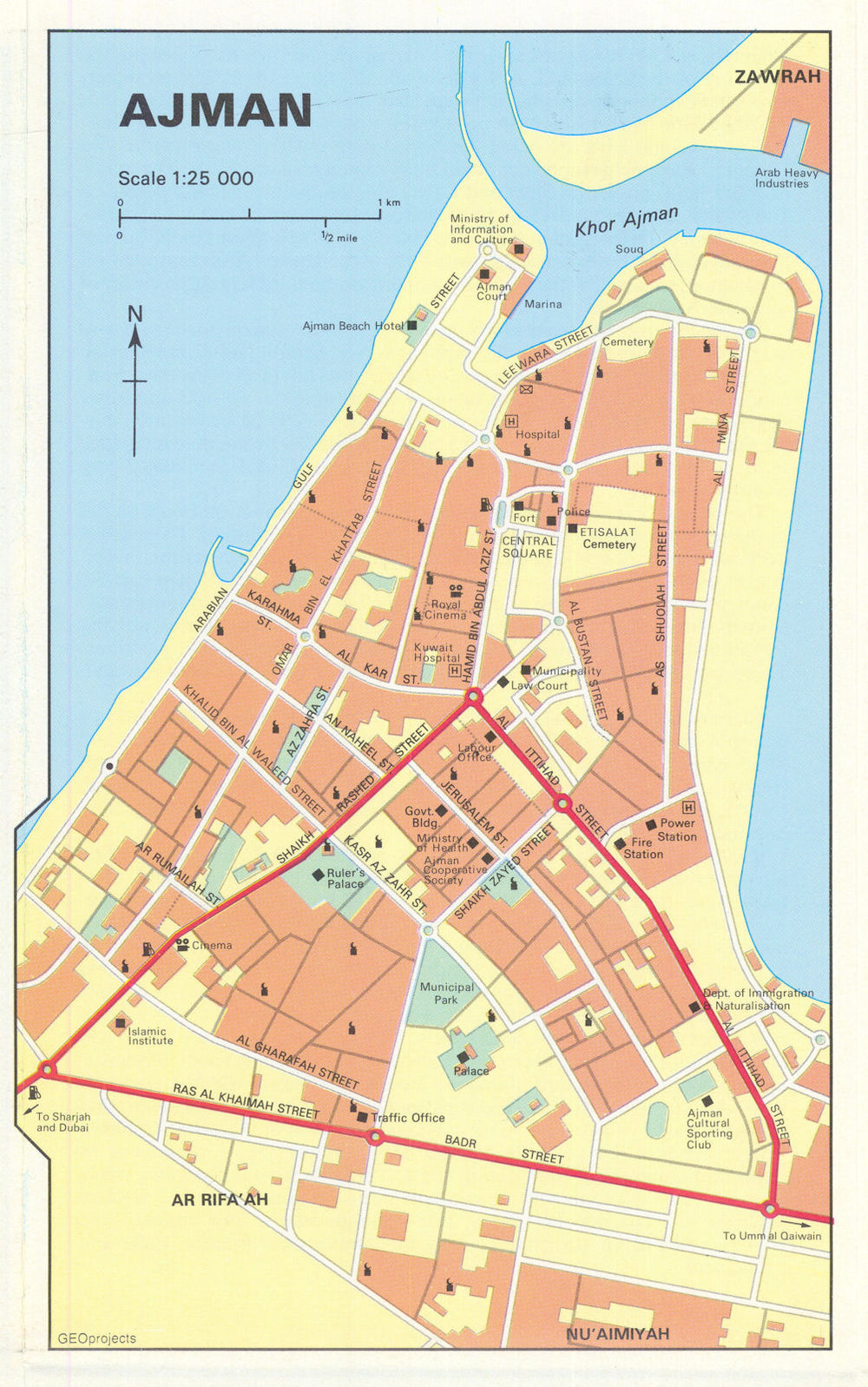 Vintage Ajman town city plan, United Arab Emirates. UAE. GEOprojects 1995 map
