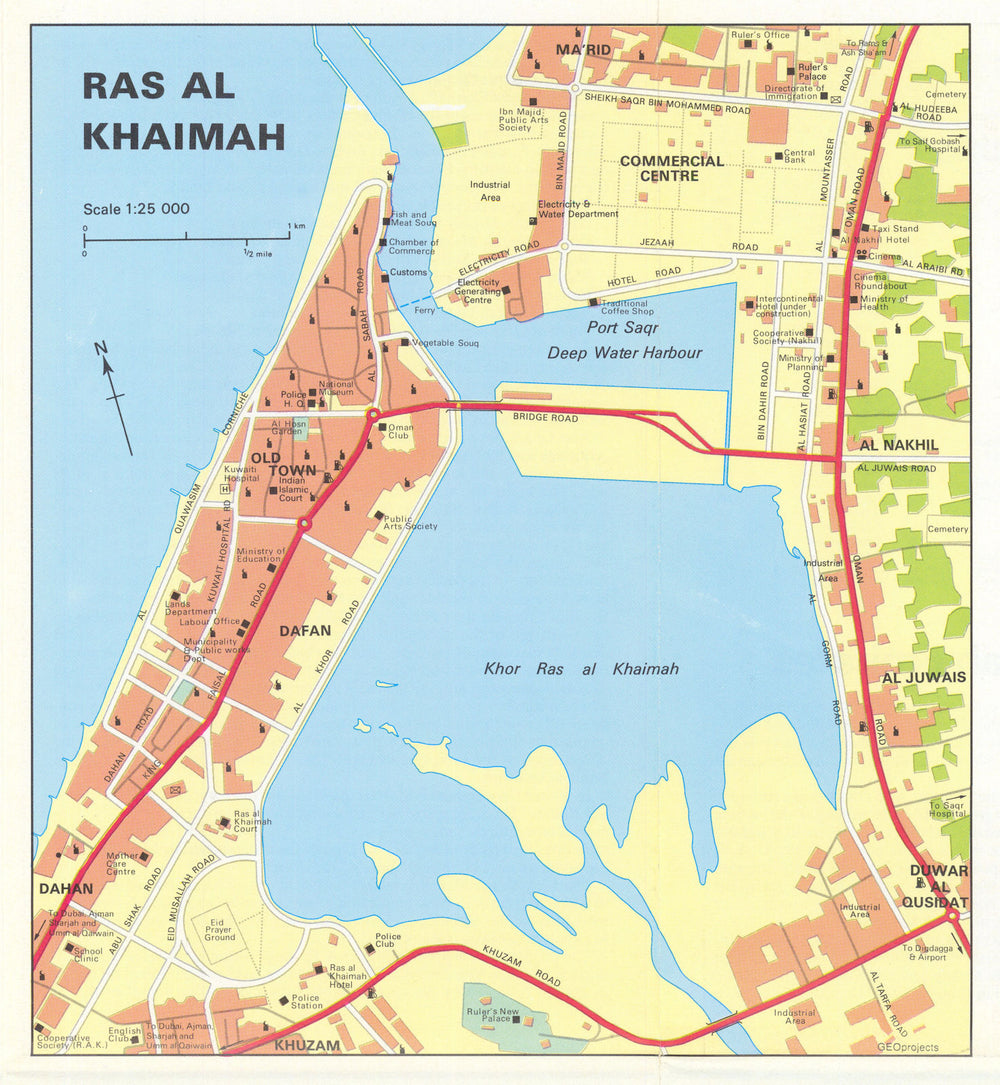 Vintage Ras Al Khaimah town city plan, United Arab Emirates GEOprojects 1995 map