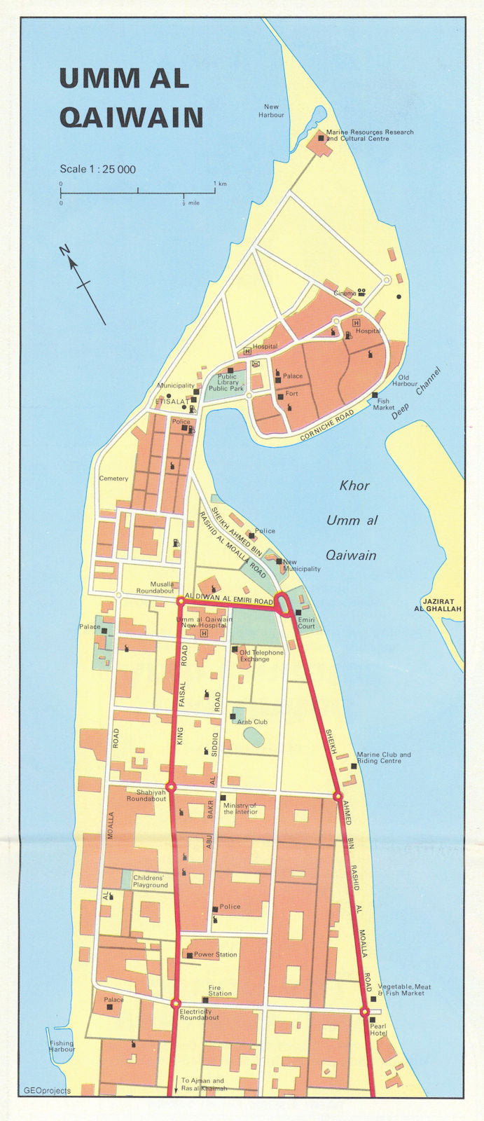 Vintage Umm Al Quwain town city plan, United Arab Emirates GEOprojects 1995 map