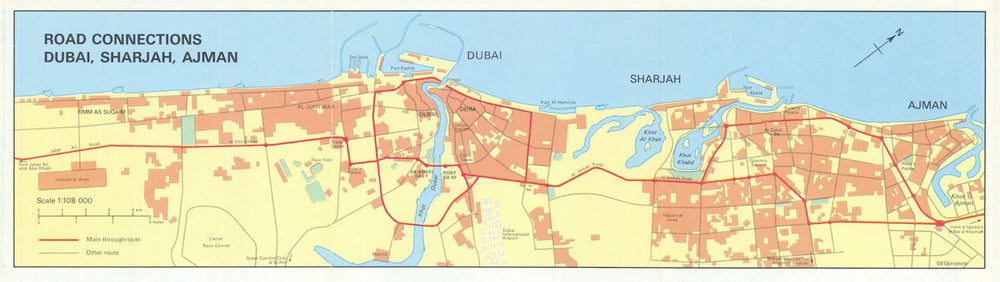Vintage Road Connections Dubai, Sharjah, Ajman map. UAE. GEOprojects 1995