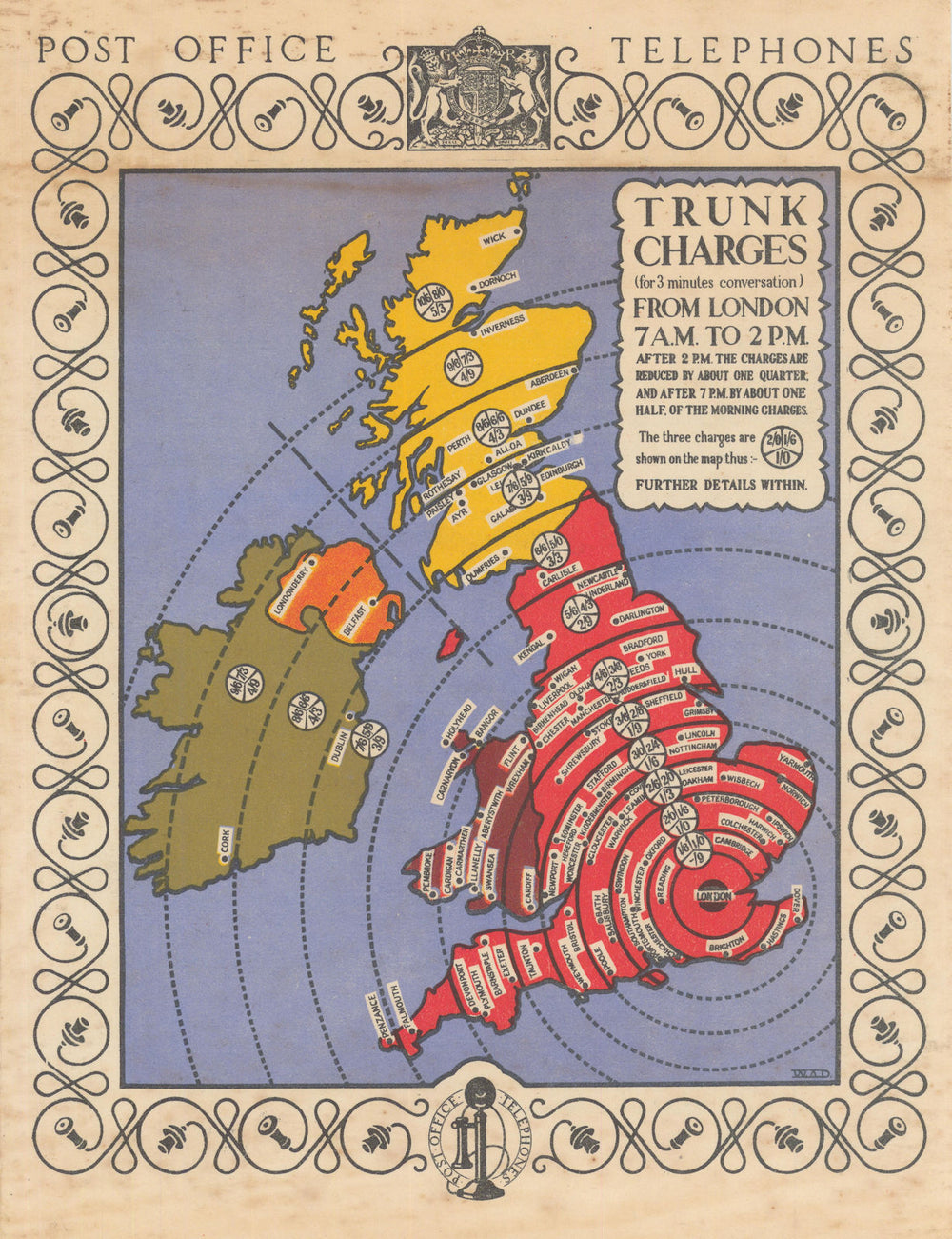 Post Office Telephones - Trunk Charges. Telephony charging rate map. G.P.O. 1929