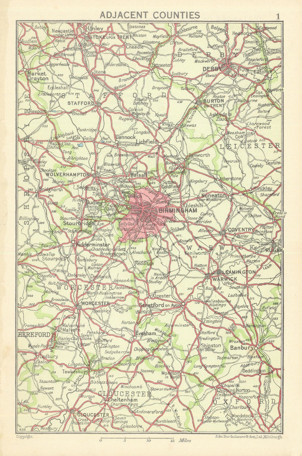 BIRMINGHAM Adjacent Counties. West Midlands. Derby Gloucester 1949 old map