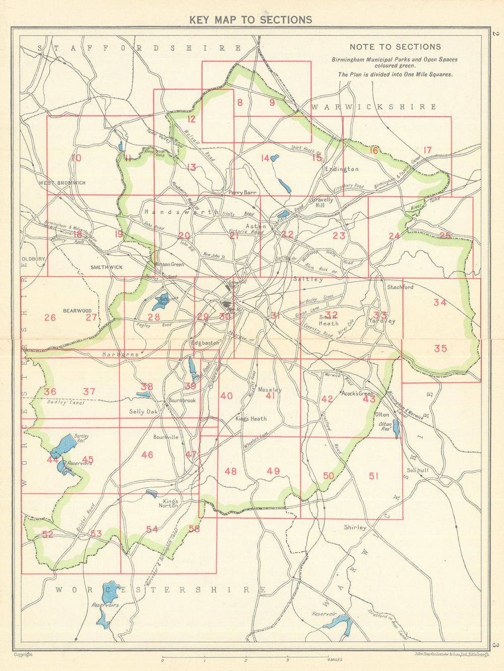 BIRMINGHAM. Key map to sections 1949 old vintage plan chart