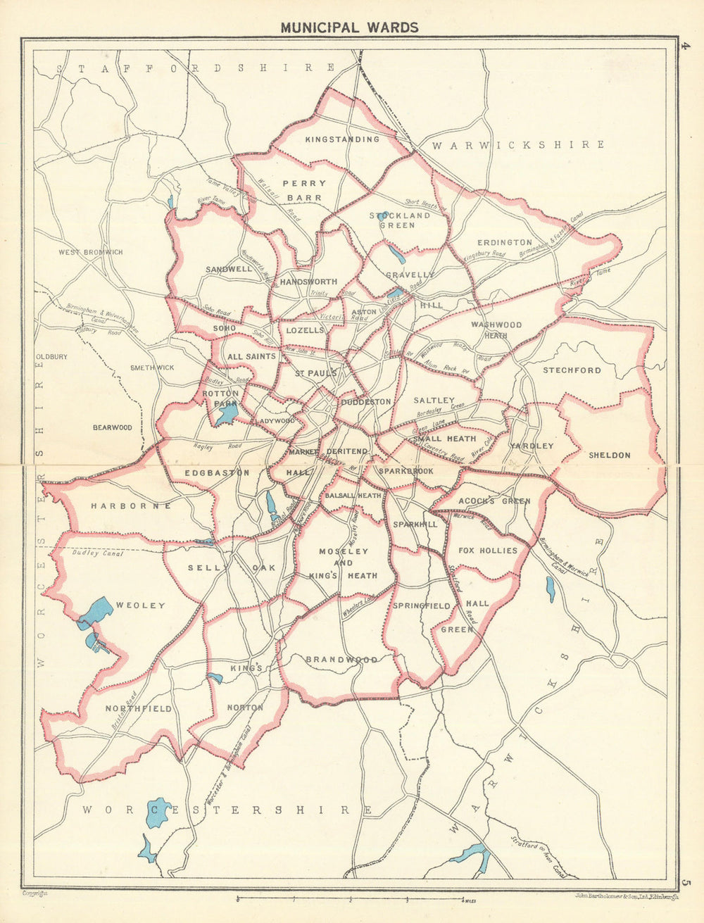 BIRMINGHAM Munipical Wards 1949 old vintage map plan chart