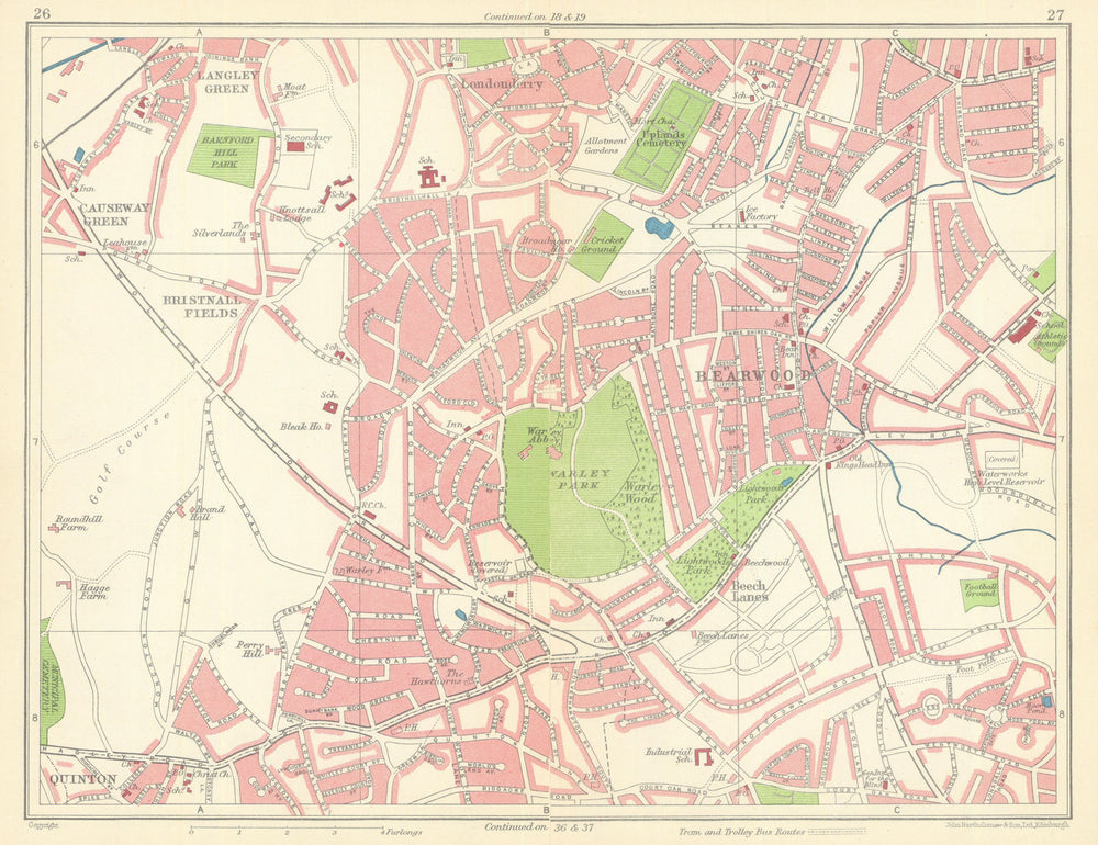BIRMINGHAM WEST Langley Green Bristnall Fields Bearwood Edgbaston 1949 old map