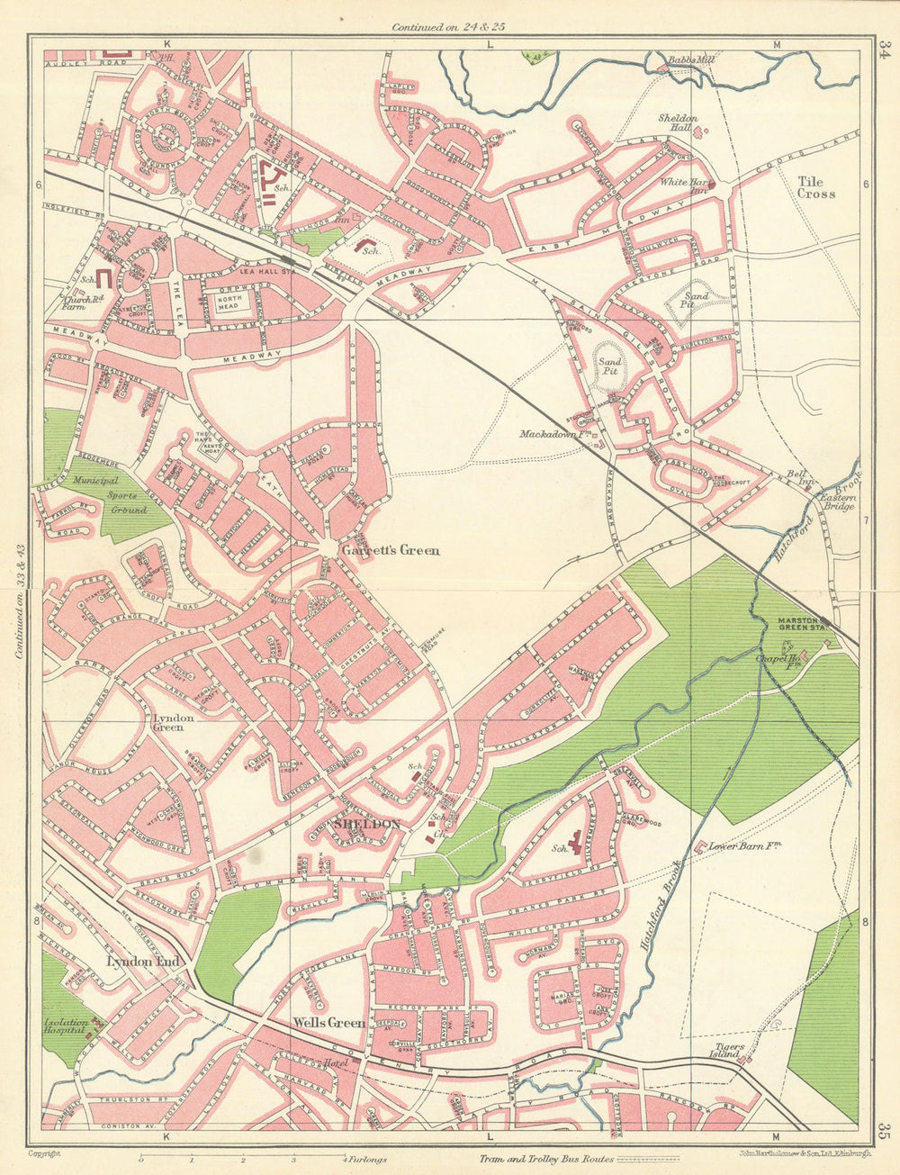 BIRMINGHAM EAST Lea Hall Sheldon Lyndon End Garrett's Green Stechford 1949 map
