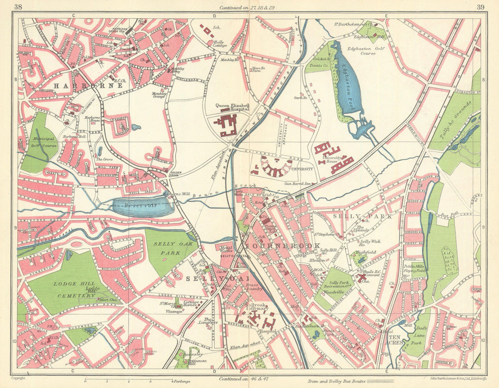 BIRMINGHAM SOUTH WEST Harborne Selly Oak/Park Bournbrook Edgbaston 1949 map