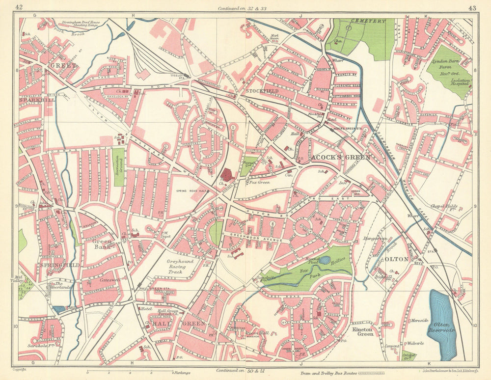 BIRMINGHAM SOUTH EAST Greet Springfield Olton Hall/Acock's Green 1949 old map