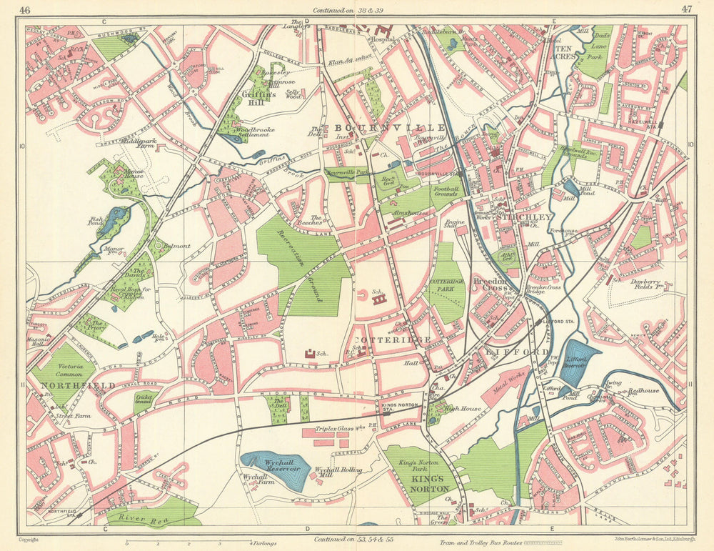 BIRMINGHAM SOUTH WEST Bournville Northfield King's Norton Lifford 1949 old map