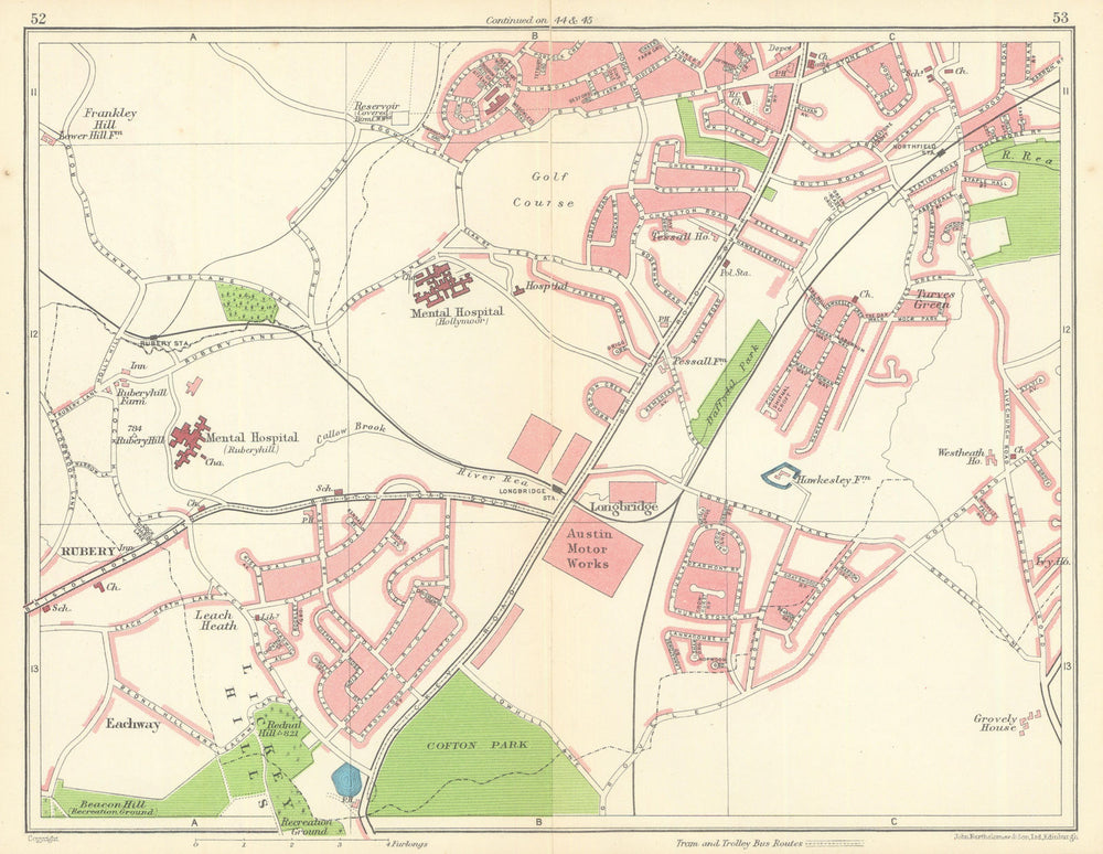BIRMINGHAM SOUTH WEST Rubery Longbridge Northfield Austin Lickey Hills 1949 map