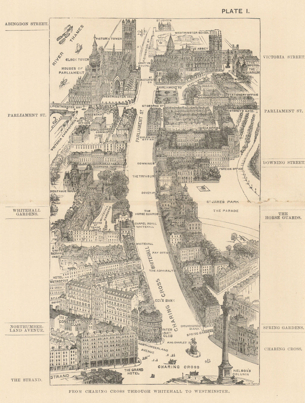 Charing Cross bird's eye view. Whitehall to Westminster. SULMAN 1890 old map