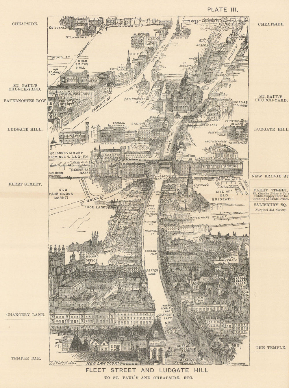 Heapside Map Fleet Street bird's eye view. Ludgate Hill St. Paul’s Cheapside. SULMAN ...