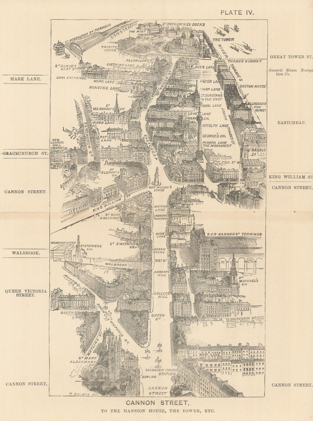 Cannon Street bird's eye view. Mansion House & Tower of London. SULMAN 1890 map
