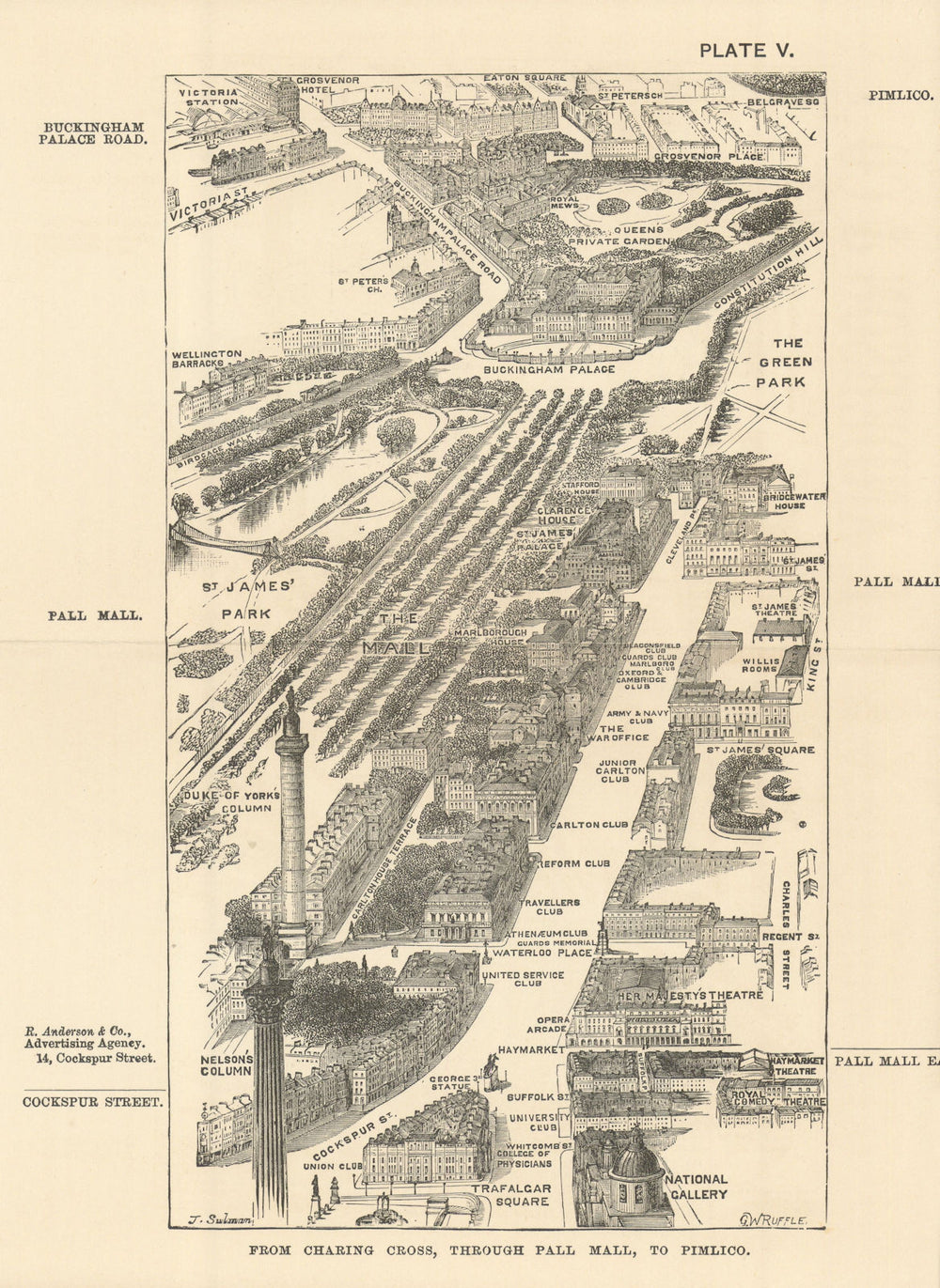 Charing Cross bird's eye view. Pall Mall to Pimlico. SULMAN 1890 old map
