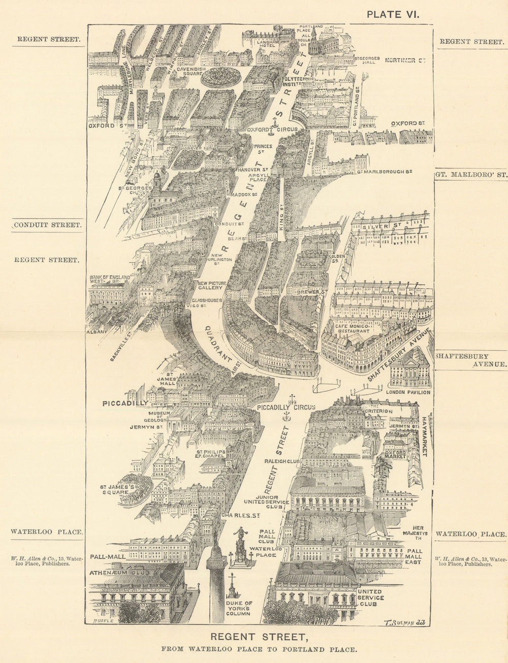 Regent Street bird's eye view. Waterloo Place to Portland Place. SULMAN 1890 map