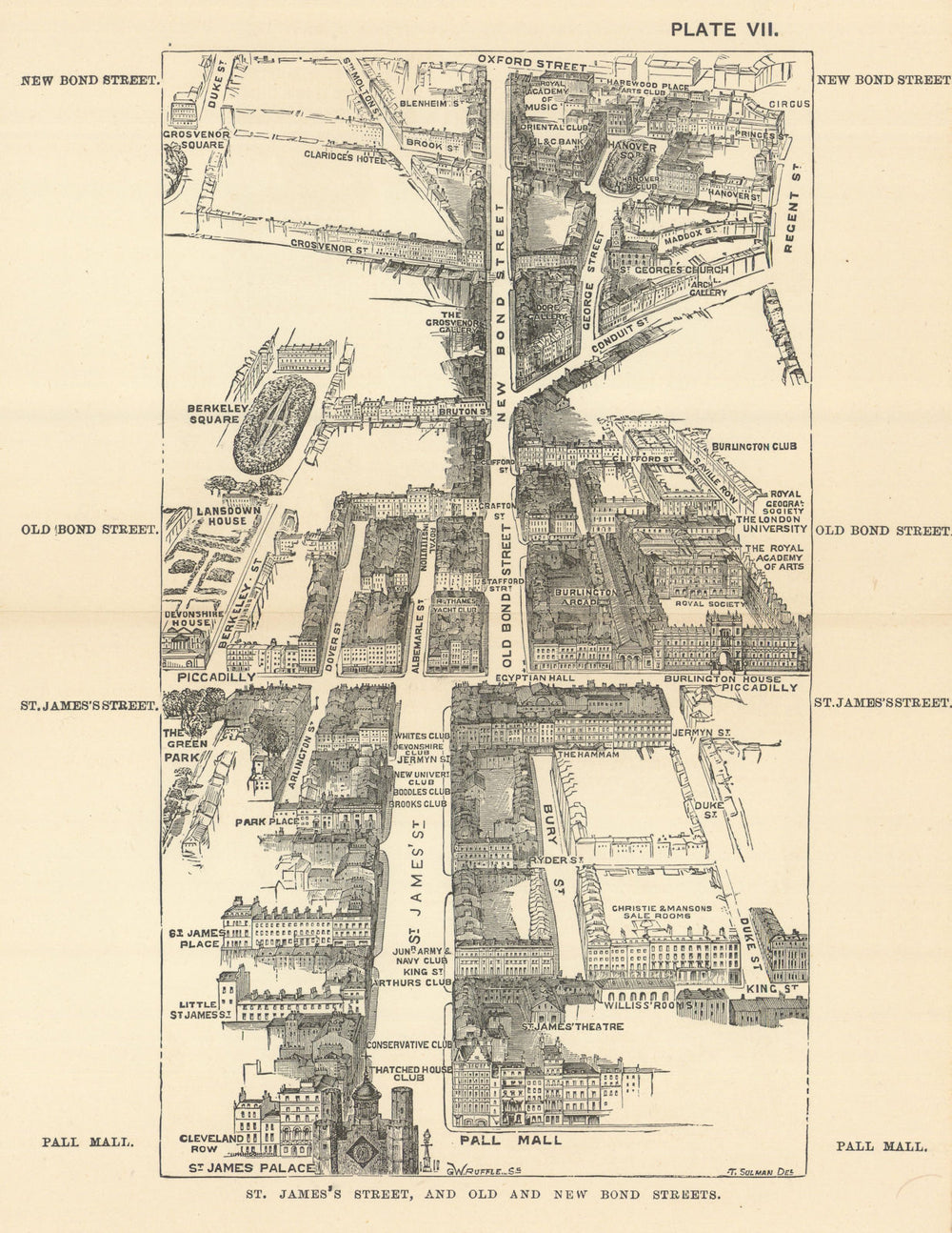 Bird's eye view of St. James’s Street and Old & New Bond Street. SULMAN 1890 map