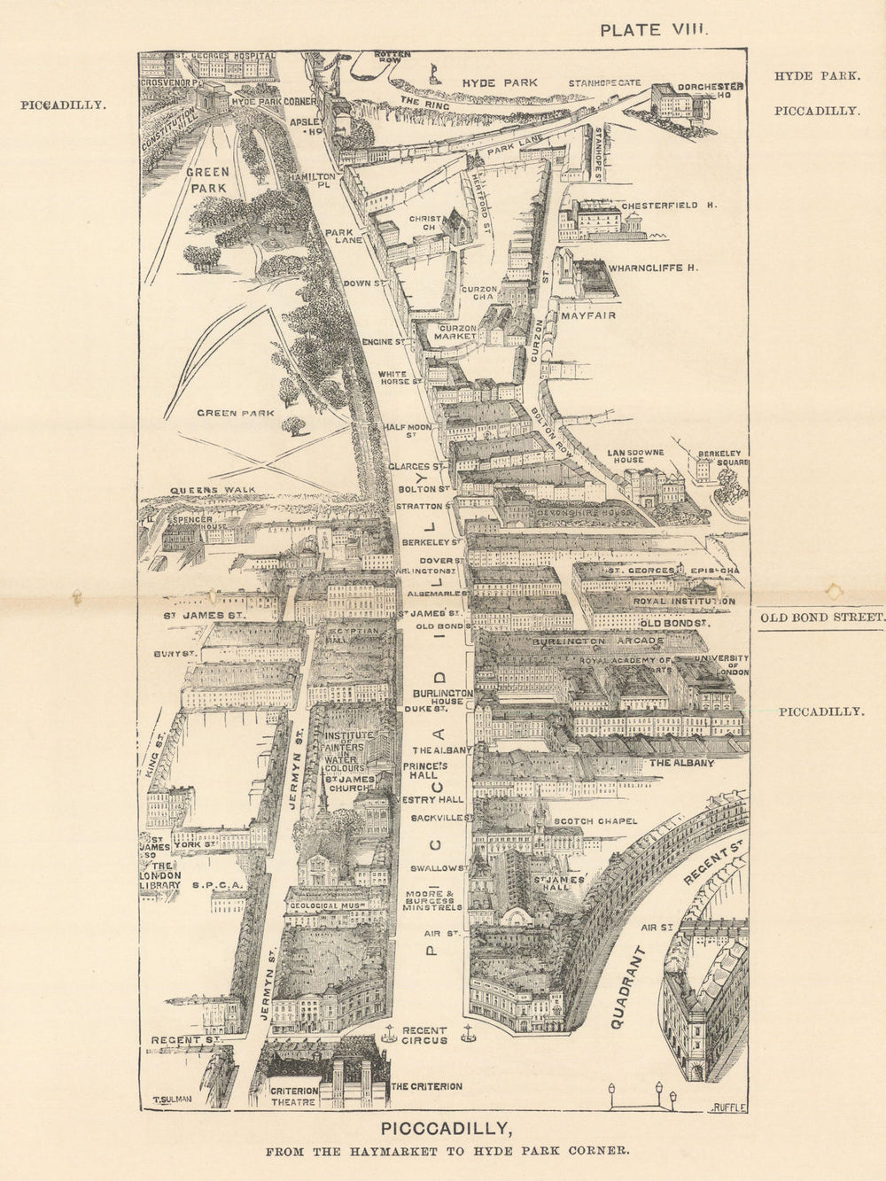Piccadilly bird's eye view. Haymarket to Hyde Park Corner. SULMAN 1890 old map
