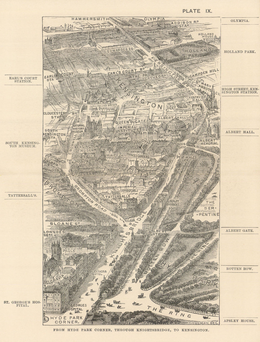 Knightsbridge bird's eye view. Hyde Park Corner to Kensington. SULMAN 1890 map