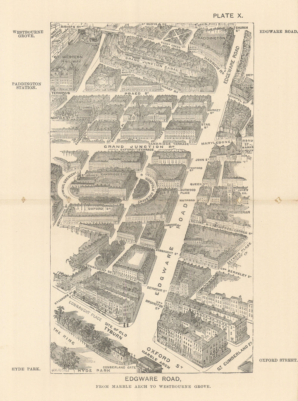 Edgware Road bird's eye view. Marble Arch to Westbourne Grove. SULMAN 1890 map