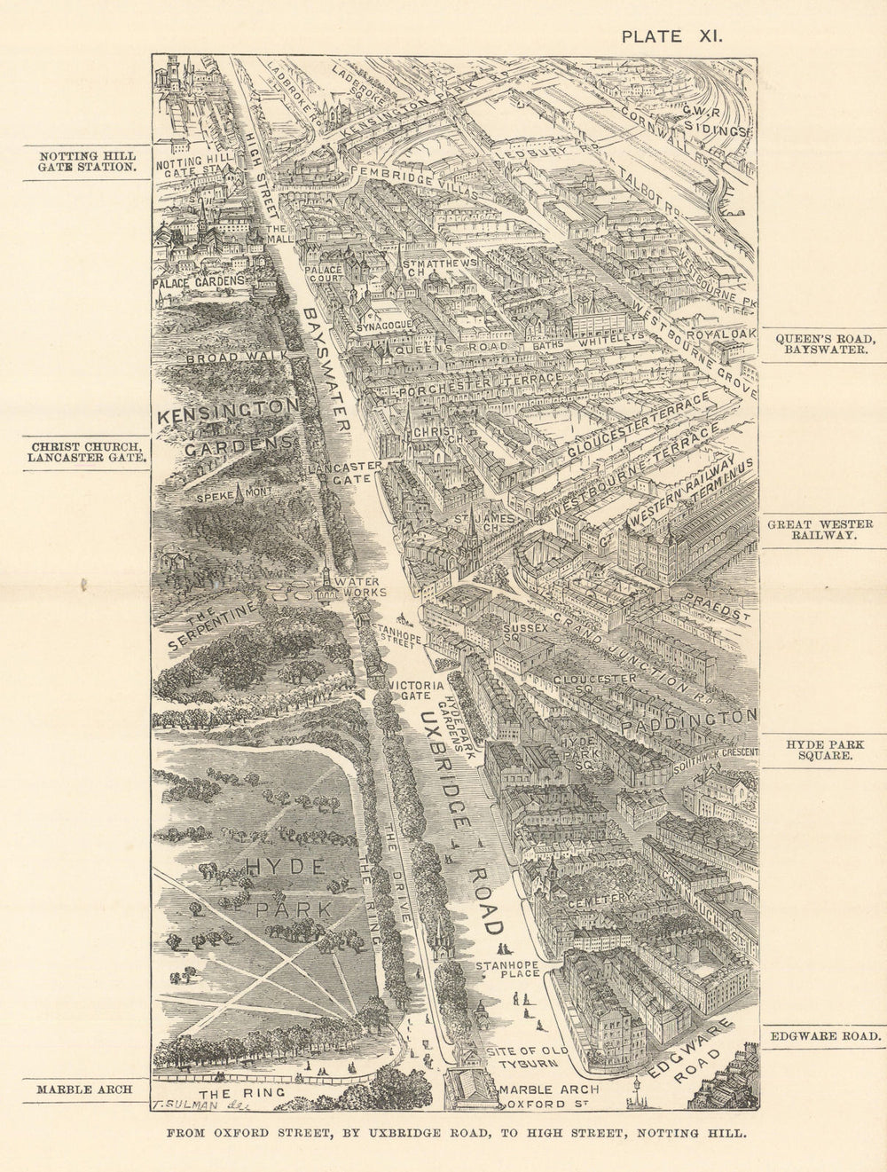 Marble Arch bird's eye view. Bayswater Road & Notting Hill Gate. SULMAN 1890 map