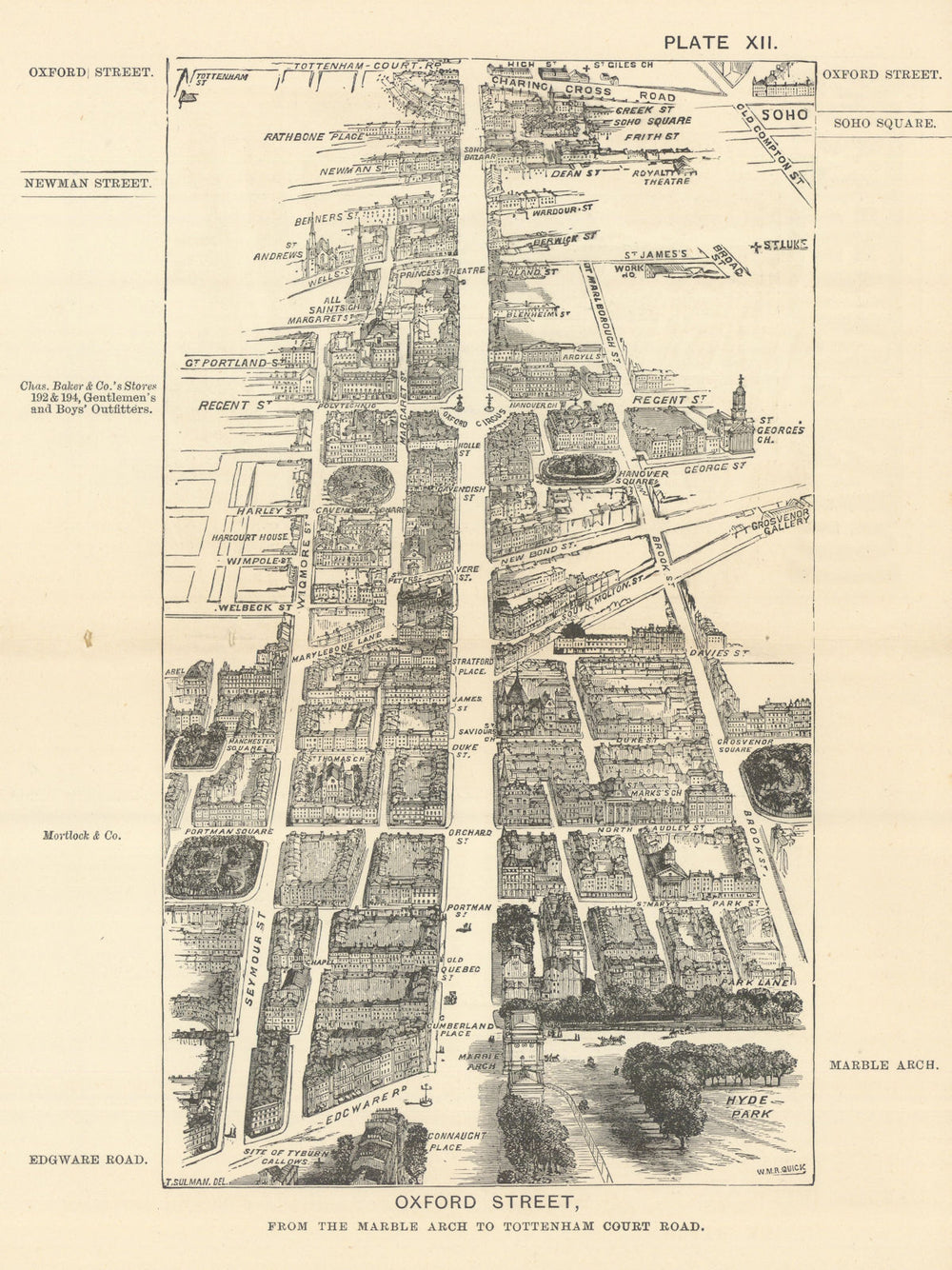 Oxford Street bird's eye view. Marble Arch-Tottenham Court Road. SULMAN 1890 map