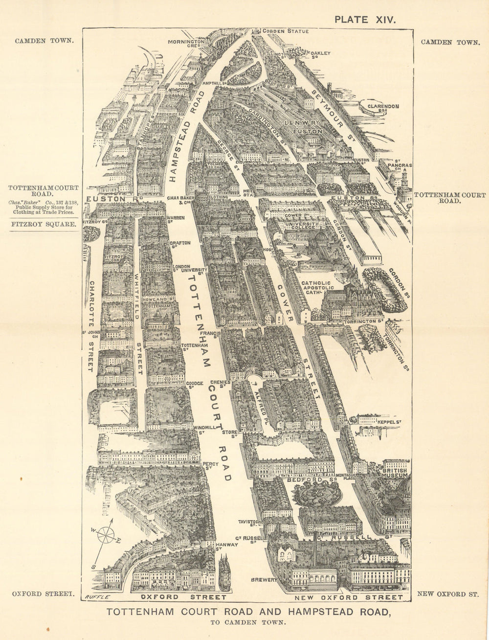 Tottenham Court Road bird's eye view. Hampstead Road & Camden. SULMAN 1890 map