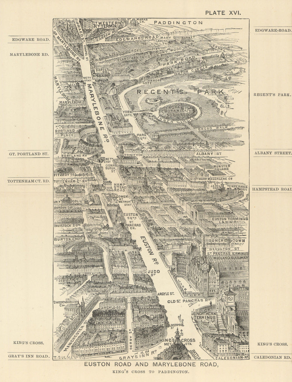 Euston & Marylebone Road bird's eye view. King’s X & Paddington. SULMAN 1890 map