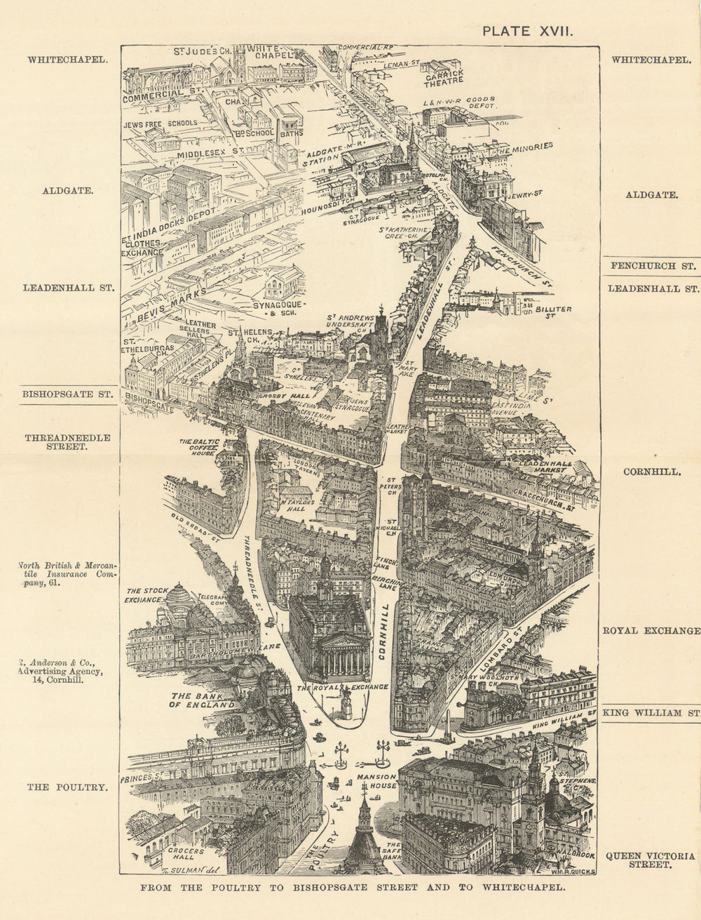 Poultry bird's eye view. Bishopsgate and Whitechapel by Thomas Sulman 1890 map