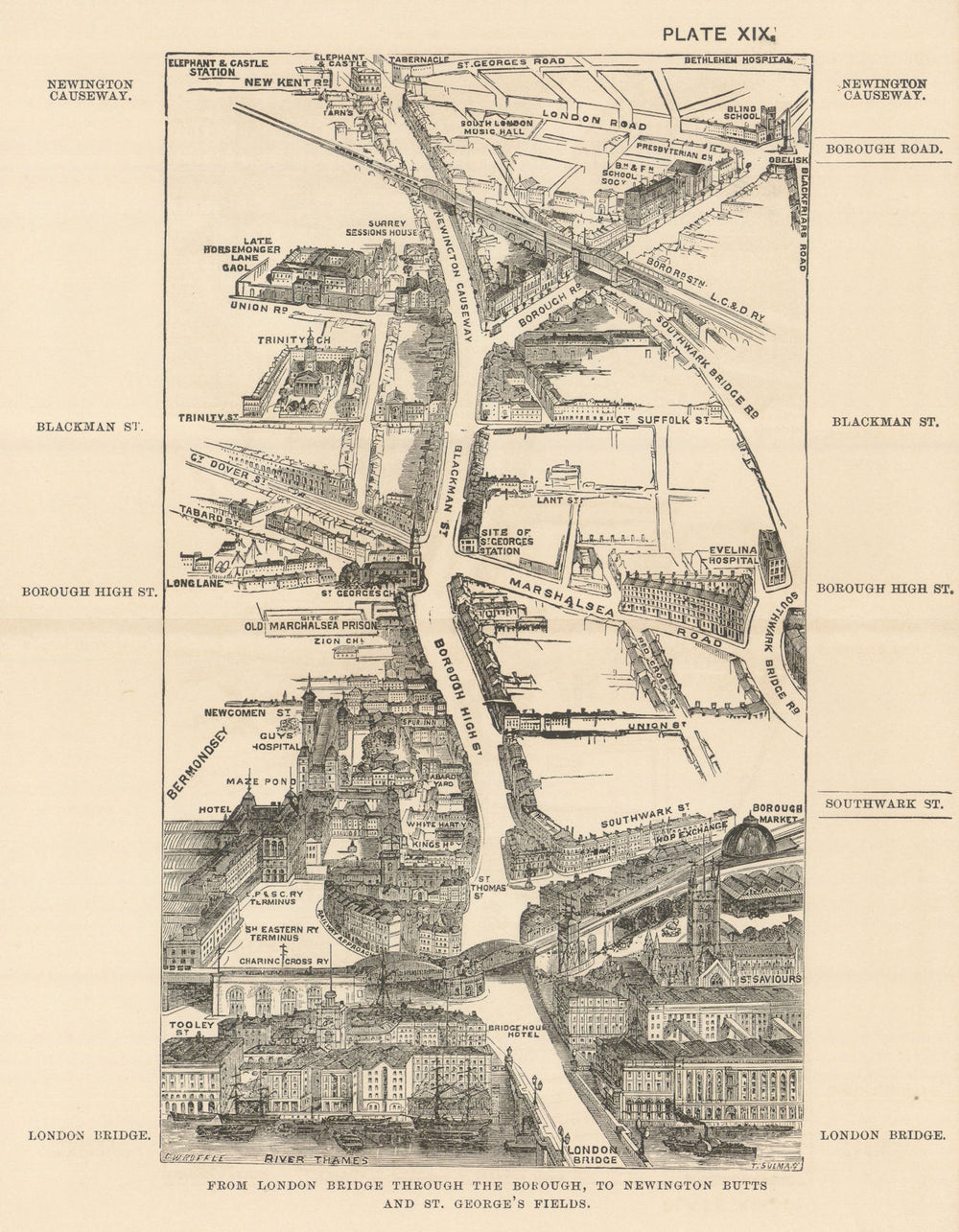 London Bridge bird's eye view. Borough to Elephant & Castle. SULMAN 1890 map