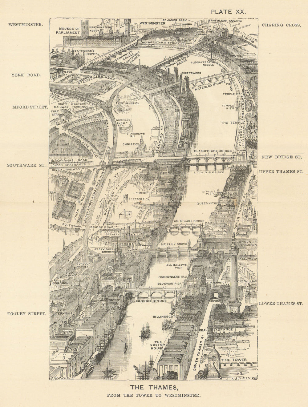 River Thames bird's eye view. Tower of London to Westminster. SULMAN 1890 map