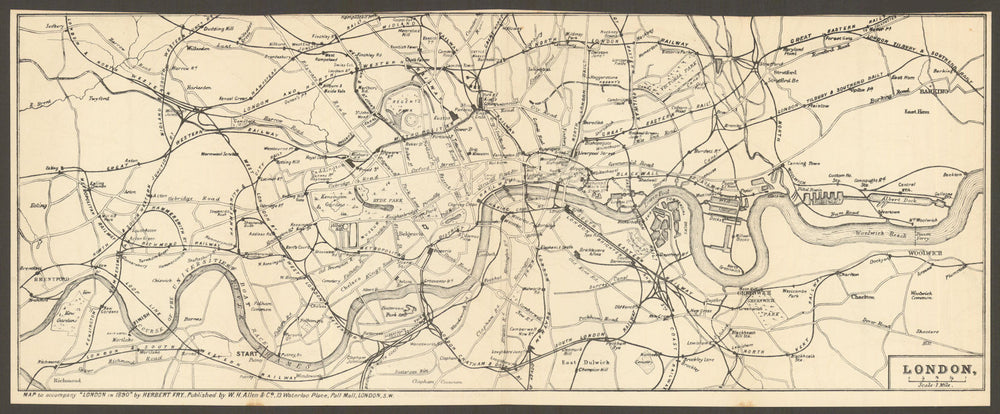 Map of London railways by Herbert Fry for "London in 1890" 1890 old