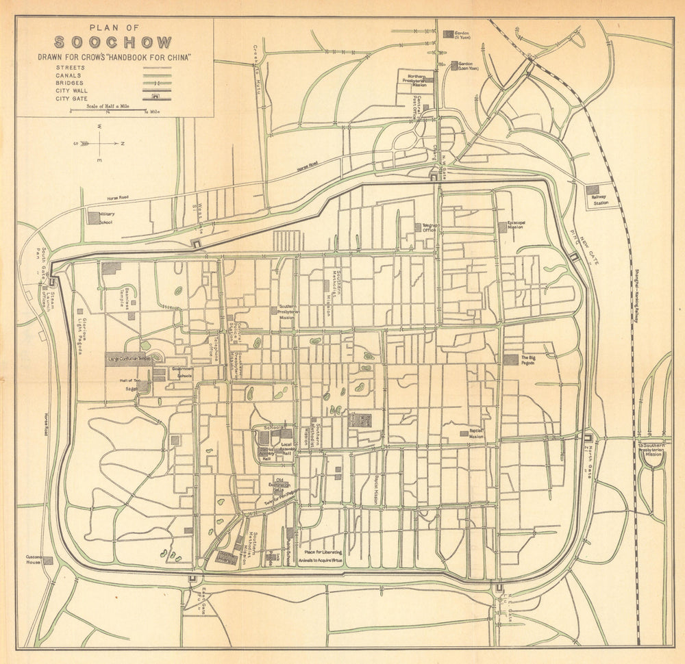City plan of Soochow by Carl Crow. Suzhou, China 1933 old vintage map chart