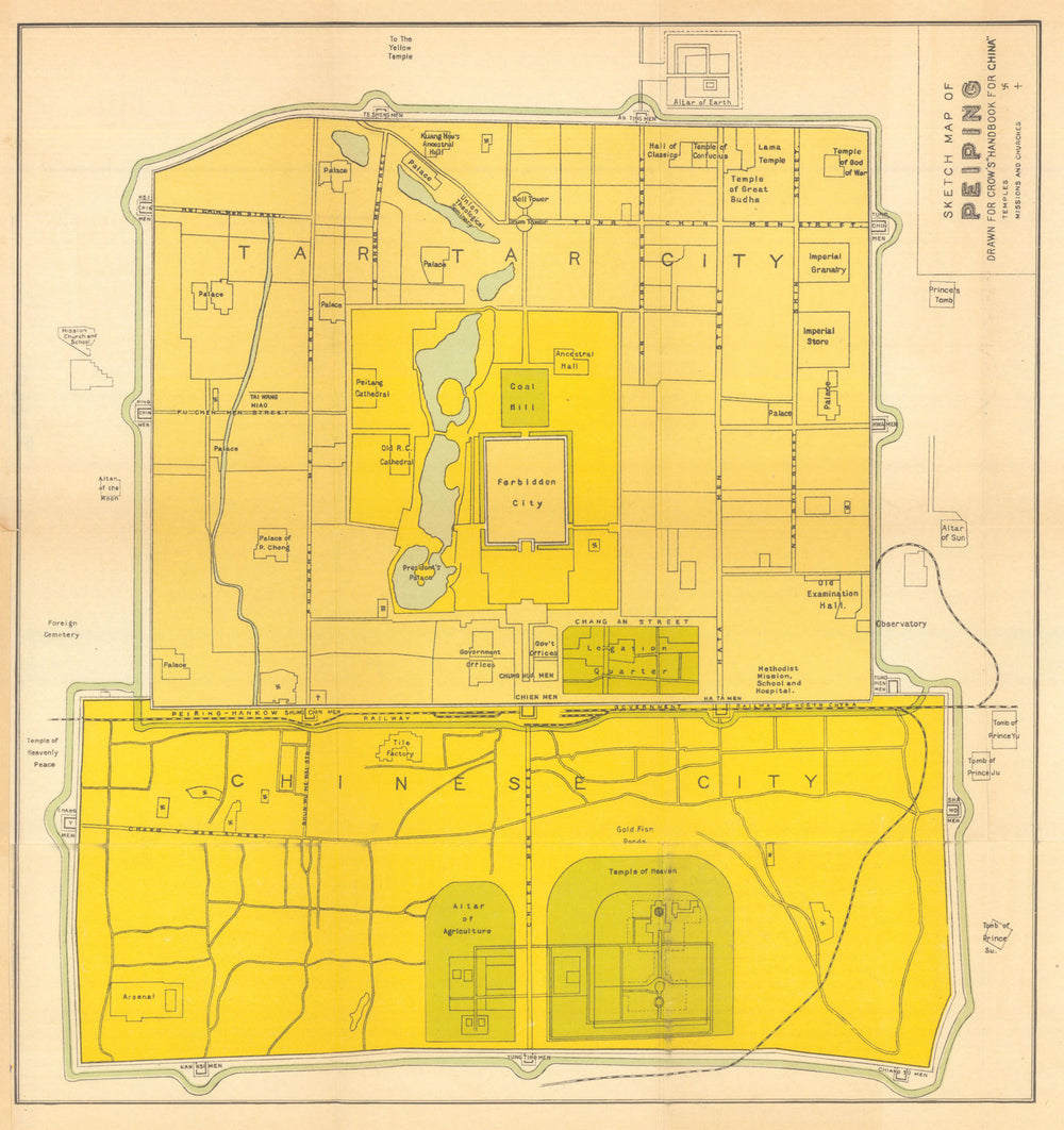 City plan of Peiping (Peking) by Carl Crow. Beijing China 1933 old vintage map