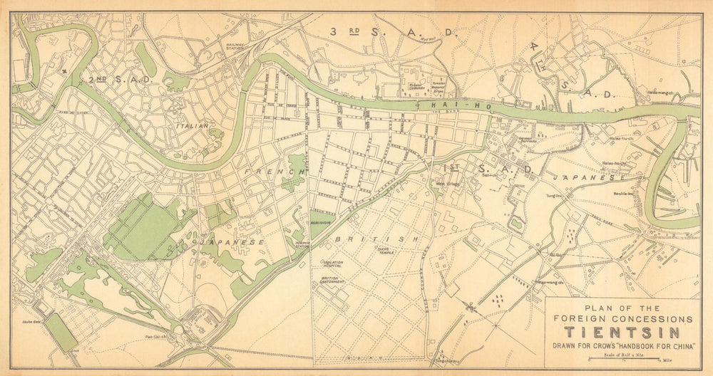 Plan of the Foreign Concessions in Tientsin by Carl Crow. Tianjin China 1933 map