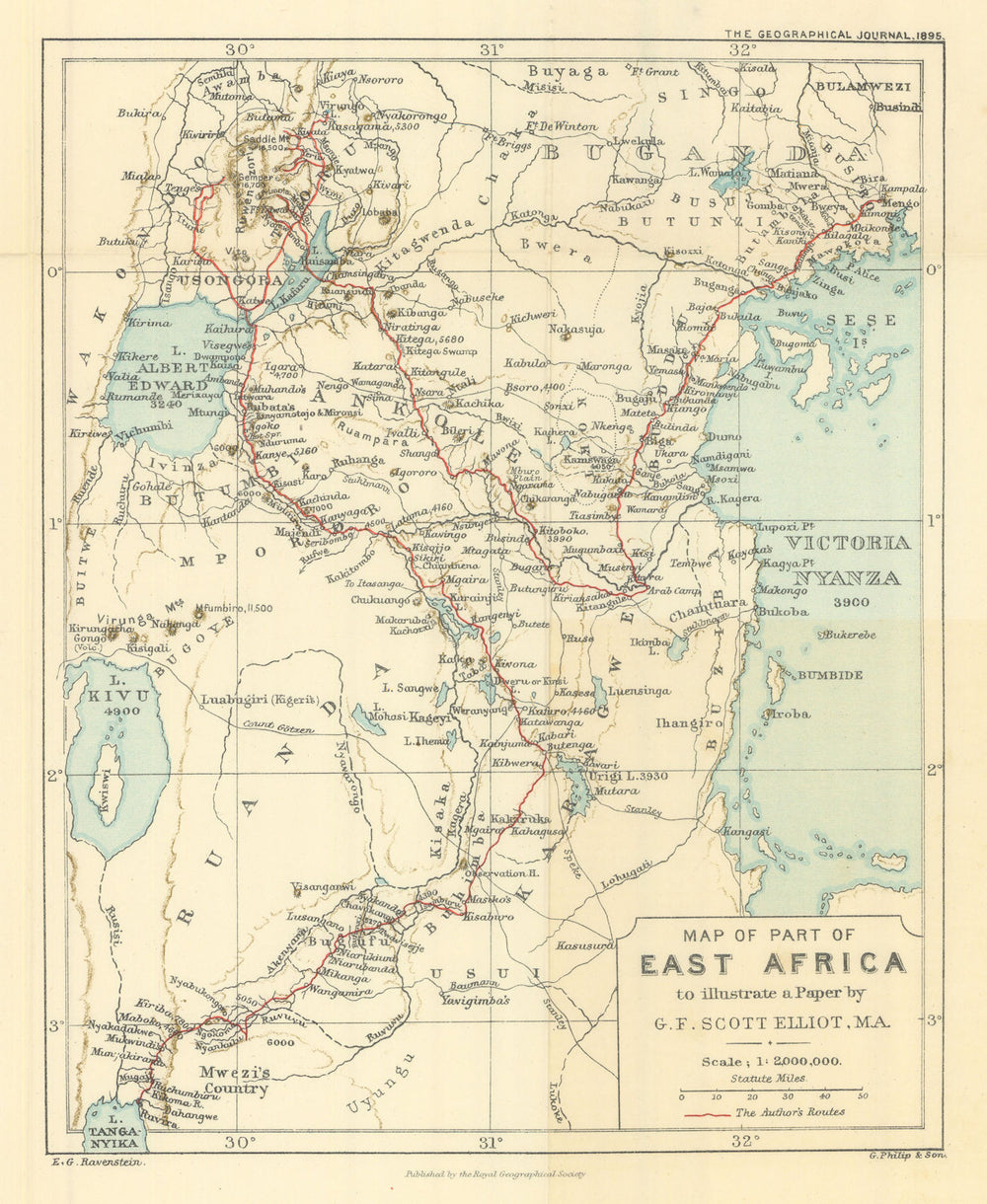 Part of East Africa. Scott Elliott. Uganda Rwanda Tanzania Burundi. RGS 1895 map