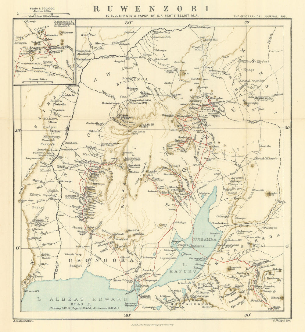 Ruwenzori/Rwenzori Mountains. Uganda Congo. G F Scott Elliot. RGS 1895 old map