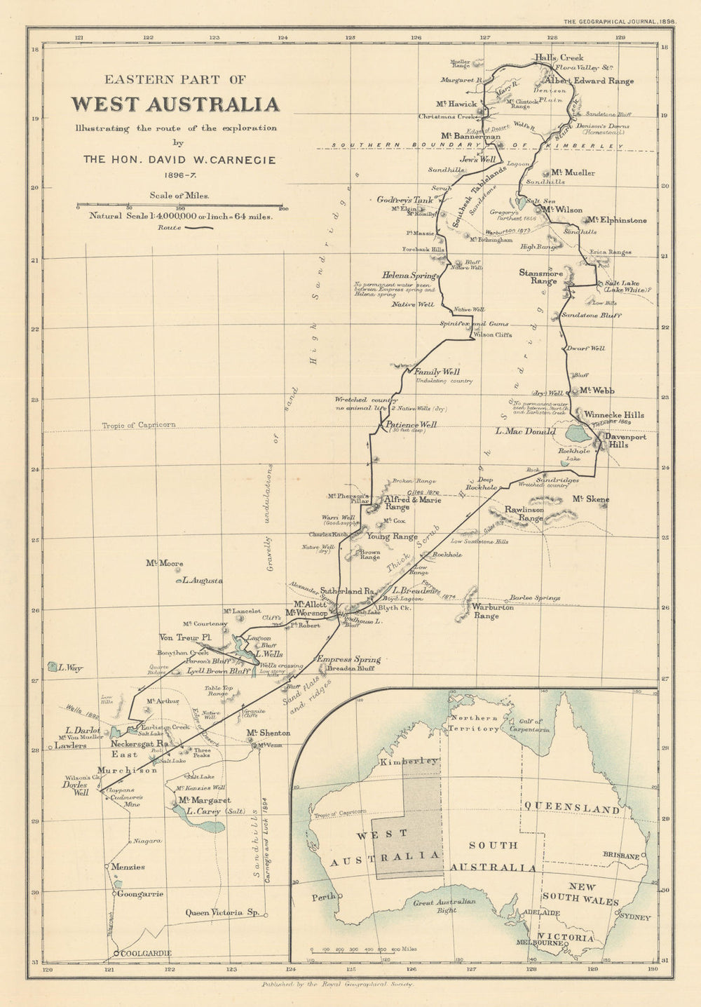 Eastern Part of West Australia. David Carnegie expedition 1896-7. RGS 1898 map